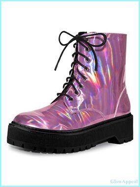 Faux Leather Round Toe Platform Combat Boots Lace Up Zipper